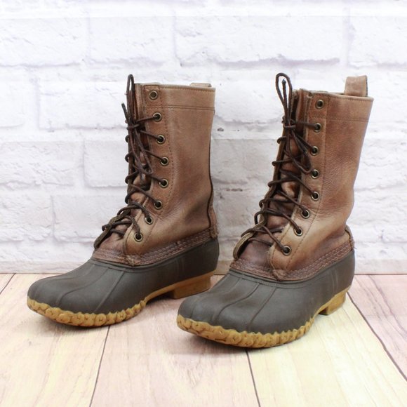 LL Bean Brown Leather Mid Calf Lace Up Unlined Hunting Duck Boots Size 6 M - Picture 2 of 8